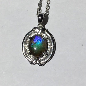 Multi colour Rainbow Ammolite pendant in Sterling Silver with Cubic Zirconia