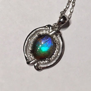 Multi colour Rainbow Ammolite pendant in Sterling Silver with Cubic Zirconia