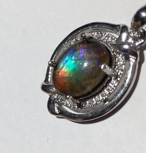 Multi colour Rainbow Ammolite pendant in Sterling Silver with Cubic Zirconia