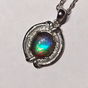 Multi colour Rainbow Ammolite pendant in Sterling Silver with Cubic Zirconia