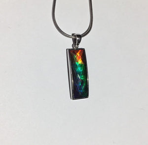 Men’s unisex Ammolite pendant faceted and set in Sterling Silver 1 inch tall multi colour rainbow