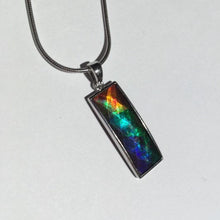 Load image into Gallery viewer, Men’s unisex Ammolite pendant faceted and set in Sterling Silver 1 inch tall multi colour rainbow
