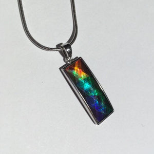 Men’s unisex Ammolite pendant faceted and set in Sterling Silver 1 inch tall multi colour rainbow