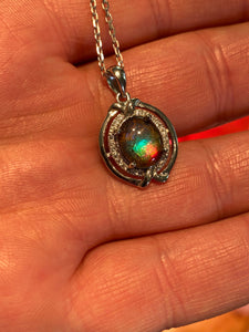 Multi colour Rainbow Ammolite pendant in Sterling Silver with Cubic Zirconia