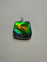 Load image into Gallery viewer, Beautiful ammolite necklace set in silver, with vibrant blues and oranges
