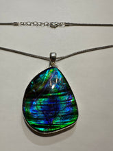 Load image into Gallery viewer, Beautiful ammolite necklace set in silver, featuring vibrant blues and greens
