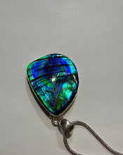 Load image into Gallery viewer, Beautiful ammolite necklace set in silver, featuring vibrant blues and greens
