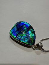 Load image into Gallery viewer, Beautiful ammolite necklace set in silver, featuring vibrant blues and greens
