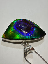 Load image into Gallery viewer, Beautiful ammolite necklace set in silver, featuring vibrant blues and purples
