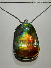 Load image into Gallery viewer, Natural Finish, Polished by hand! Beautiful ammolite necklace set in silver, featuring bright oranges and blues
