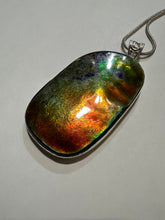 Load image into Gallery viewer, Natural Finish, Polished by hand! Beautiful ammolite necklace set in silver, featuring bright oranges and blues
