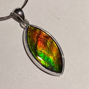 Ammolite pendant in Sterling Silver with vibrant red green and gold