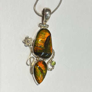 Ammolite pendant facetted two stones in one sterling silver peridot gem