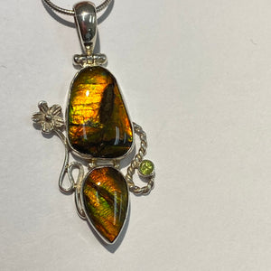 Ammolite pendant facetted two stones in one sterling silver peridot gem