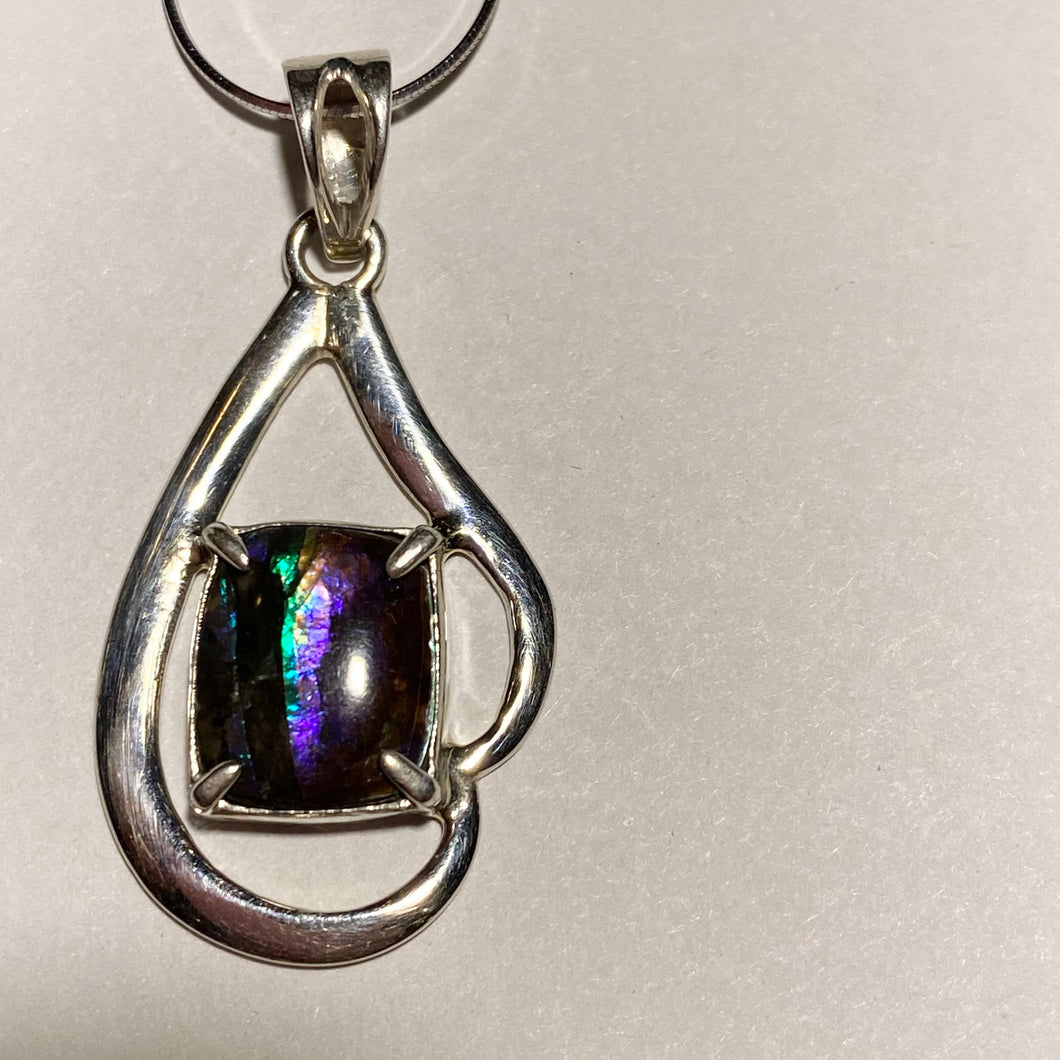 Ammolite pendant Vibrant pink cyan and green stripes set in Sterling Silver
