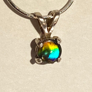 Ammolite pendant set in  Sterling Silver with vibrant rainbow flash