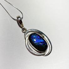 Load image into Gallery viewer, Ammolite Pendant Blue and  purple pendant 62 mm by 25 mm Sterling silver
