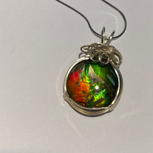 Ammolite pendant amazing colours, Sterling Silver wire wrap