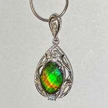 Load image into Gallery viewer, Ammolite pendant Sterling Silver with Rhodium Plate and Cubic Zirconia Faceted
