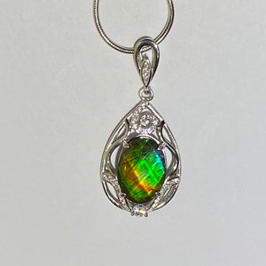 Ammolite pendant Sterling Silver with Rhodium Plate and Cubic Zirconia Faceted