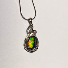 Load image into Gallery viewer, Ammolite pendant, beautiful colours of orange, golden yellow, green and blue with Sterling Silver and Cubic Zirconia
