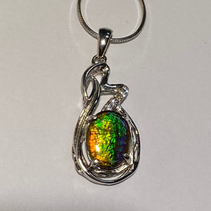 Ammolite pendant, beautiful colours of orange, golden yellow, green and blue with Sterling Silver and Cubic Zirconia