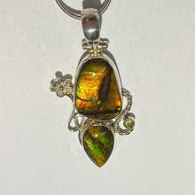 Load image into Gallery viewer, Ammolite pendant facetted two stones in one sterling silver peridot gem
