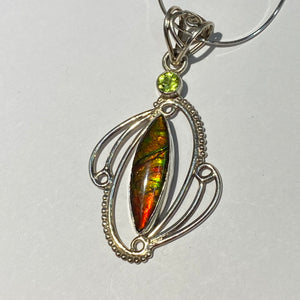 Ammolite pendant bright red, green and yellow with citrine gemstone Sterling Silver