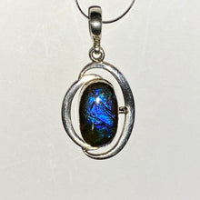 Load image into Gallery viewer, Ammolite Pendant Blue and  purple pendant 62 mm by 25 mm Sterling silver
