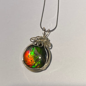 Ammolite pendant amazing colours, Sterling Silver wire wrap