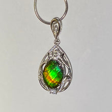 Load image into Gallery viewer, Ammolite pendant Sterling Silver with Rhodium Plate and Cubic Zirconia Faceted
