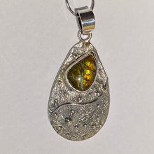 Load image into Gallery viewer, Ammolite pendant in Sterling Silver with modern design and sparkling colours
