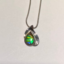 Load image into Gallery viewer, Ammolite pendant beautiful green blue with red spot in sterling silver setting
