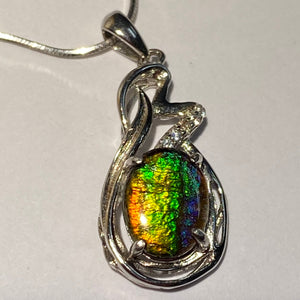 Ammolite pendant, beautiful colours of orange, golden yellow, green and blue with Sterling Silver and Cubic Zirconia