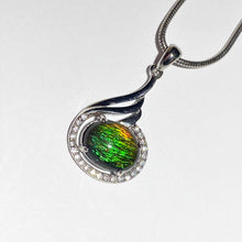 Load image into Gallery viewer, Ammolite pendant in Sterling Silver with Cubic Zirconia, bright beautiful pattern
