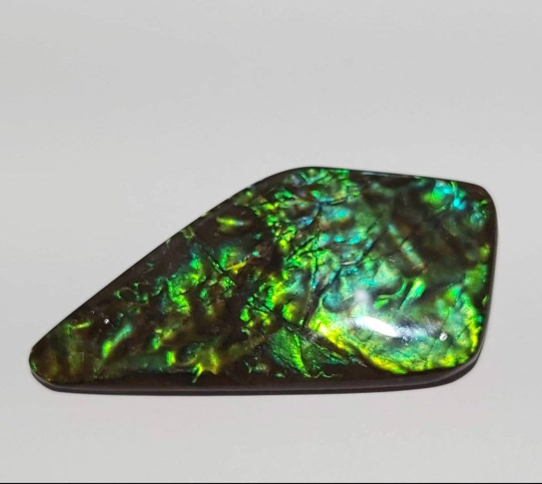 hand polished no resin Incredible green ammolite gemstone with interesting patterns 58x30mm collectors