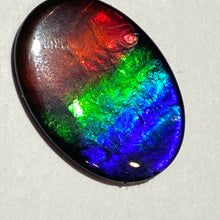 Load image into Gallery viewer, AAA+ ammolite calibrated cabochon. Beautiful flash red, green and blue colours. 25x18 mm low dome quartz cap
